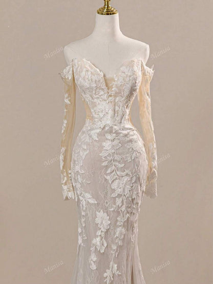 Lussuosi abiti da sposa a sirena bianchi da donna con spalle scoperte, maniche lunghe, stile Firenze, adatti per cerimonie e resort