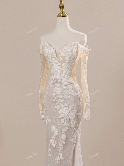 Lussuosi abiti da sposa a sirena bianchi da donna con spalle scoperte, maniche lunghe, stile Firenze, adatti per cerimonie e resort