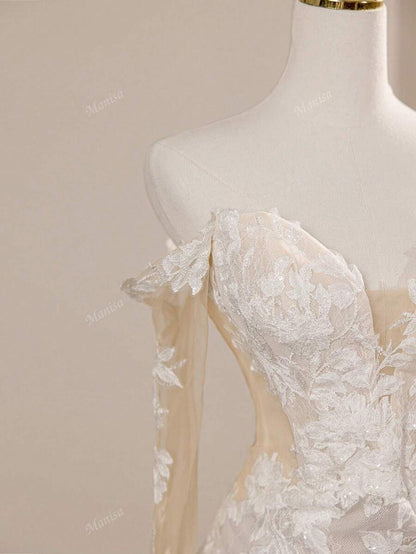 Lussuosi abiti da sposa a sirena bianchi da donna con spalle scoperte, maniche lunghe, stile Firenze, adatti per cerimonie e resort