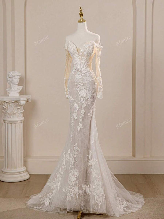Lussuosi abiti da sposa a sirena bianchi da donna con spalle scoperte, maniche lunghe, stile Firenze, adatti per cerimonie e resort