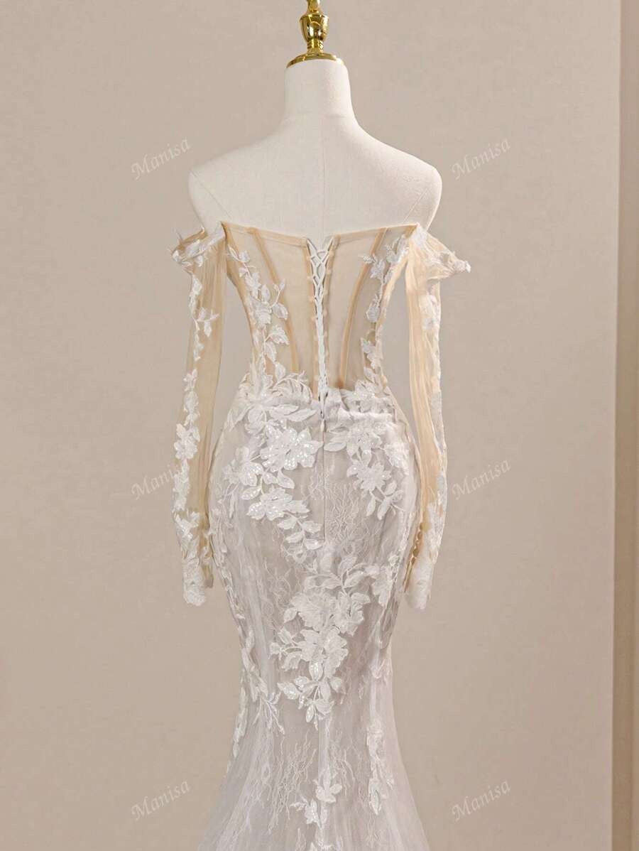 Lussuosi abiti da sposa a sirena bianchi da donna con spalle scoperte, maniche lunghe, stile Firenze, adatti per cerimonie e resort