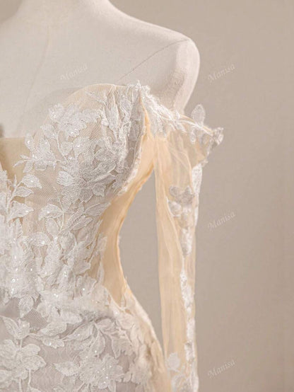 Lussuosi abiti da sposa a sirena bianchi da donna con spalle scoperte, maniche lunghe, stile Firenze, adatti per cerimonie e resort