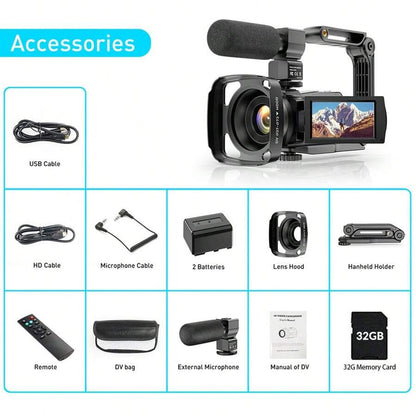 Nicamery Telecamera video 4K 48.0MP, fotocamera con display IPS da 3.0", schermo touch capacitivo, rotazione 270°, trasferimento Wi-Fi, zoom digitale 16X, luce di riempimento IR, microfono, telecomando e 2 batterie