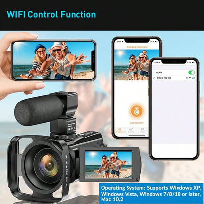 Nicamery Telecamera video 4K 48.0MP, fotocamera con display IPS da 3.0", schermo touch capacitivo, rotazione 270°, trasferimento Wi-Fi, zoom digitale 16X, luce di riempimento IR, microfono, telecomando e 2 batterie