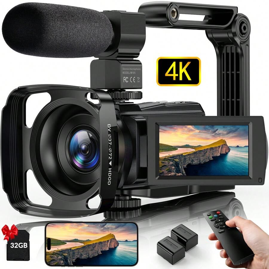 Nicamery Telecamera video 4K 48.0MP, fotocamera con display IPS da 3.0", schermo touch capacitivo, rotazione 270°, trasferimento Wi-Fi, zoom digitale 16X, luce di riempimento IR, microfono, telecomando e 2 batterie