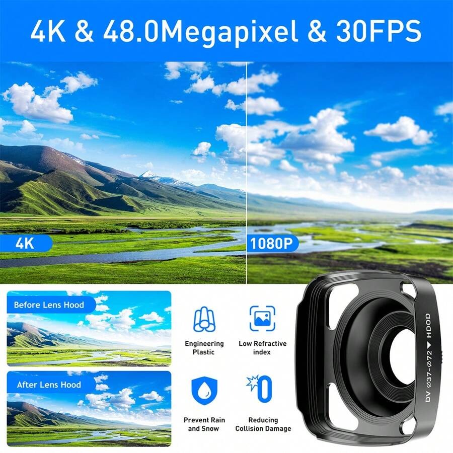 Nicamery Telecamera video 4K 48.0MP, fotocamera con display IPS da 3.0", schermo touch capacitivo, rotazione 270°, trasferimento Wi-Fi, zoom digitale 16X, luce di riempimento IR, microfono, telecomando e 2 batterie