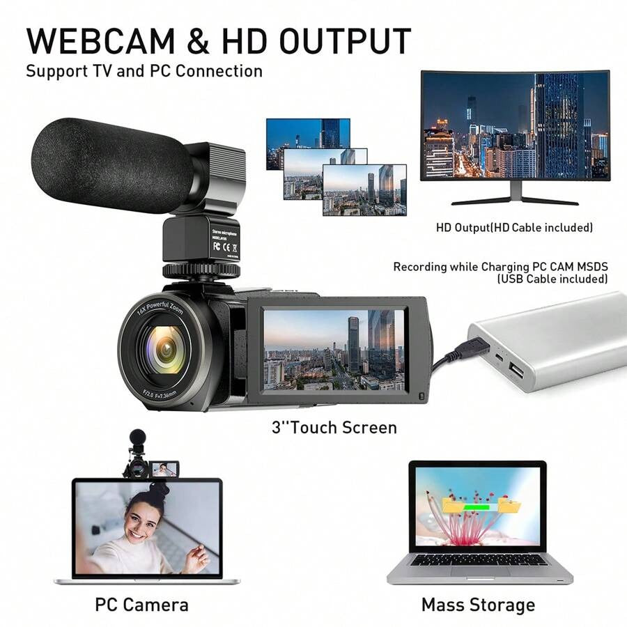 Nicamery Telecamera video 4K 48.0MP, fotocamera con display IPS da 3.0", schermo touch capacitivo, rotazione 270°, trasferimento Wi-Fi, zoom digitale 16X, luce di riempimento IR, microfono, telecomando e 2 batterie