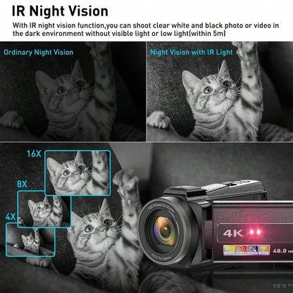Nicamery Telecamera video 4K 48.0MP, fotocamera con display IPS da 3.0", schermo touch capacitivo, rotazione 270°, trasferimento Wi-Fi, zoom digitale 16X, luce di riempimento IR, microfono, telecomando e 2 batterie
