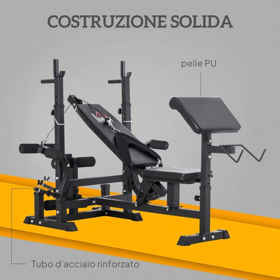 HOMCOM HOMCOM Panca da Palestra con Supporto per Bilanciere Regolabile in 6 Posizioni e Schienale Regolabile in 5 Posizioni, Panca Pesi in Acciaio e PU per Palestra
