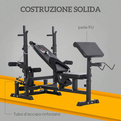 HOMCOM HOMCOM Panca da Palestra con Supporto per Bilanciere Regolabile in 6 Posizioni e Schienale Regolabile in 5 Posizioni, Panca Pesi in Acciaio e PU per Palestra