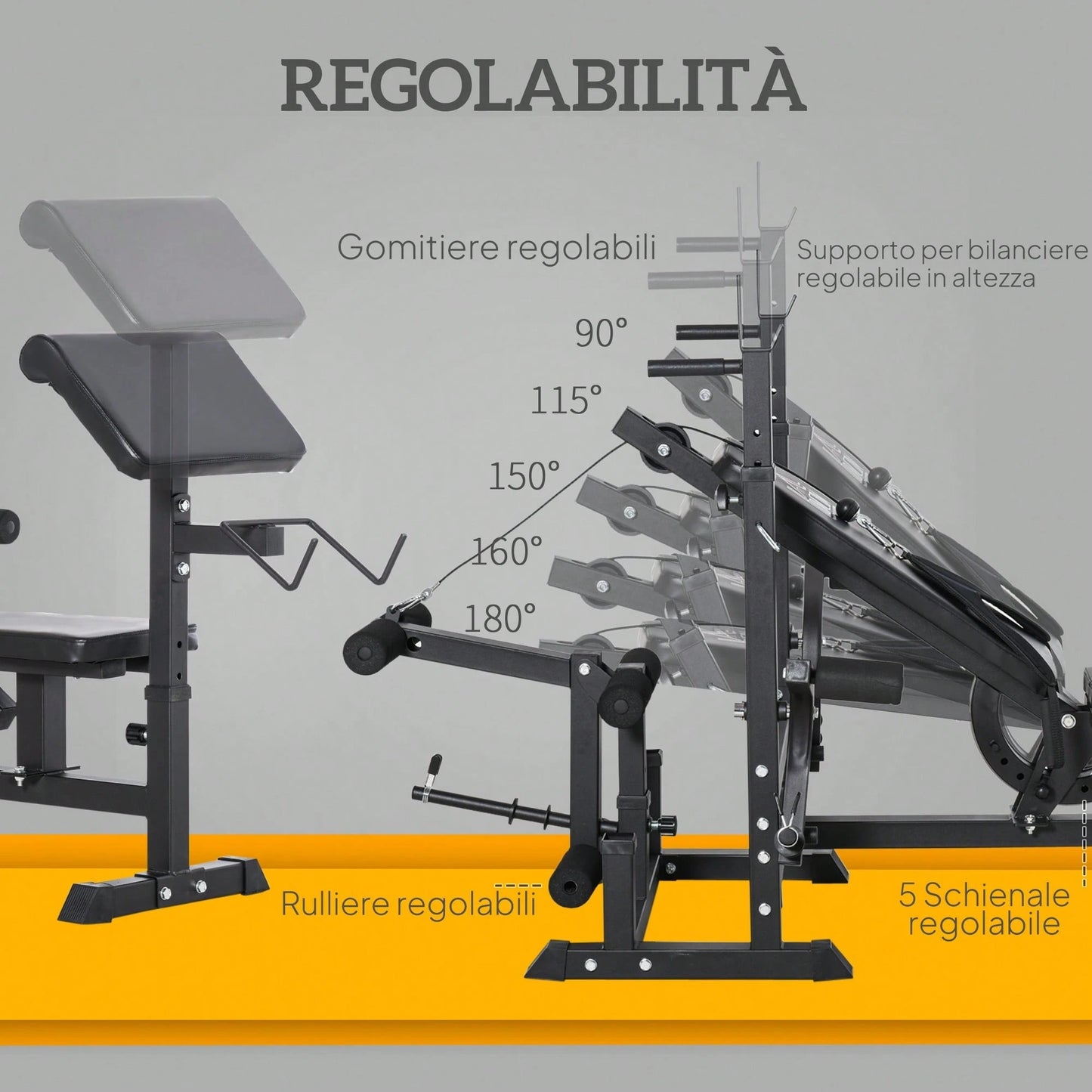 HOMCOM HOMCOM Panca da Palestra con Supporto per Bilanciere Regolabile in 6 Posizioni e Schienale Regolabile in 5 Posizioni, Panca Pesi in Acciaio e PU per Palestra