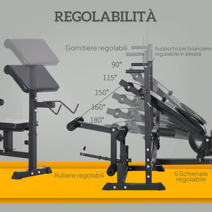 HOMCOM HOMCOM Panca da Palestra con Supporto per Bilanciere Regolabile in 6 Posizioni e Schienale Regolabile in 5 Posizioni, Panca Pesi in Acciaio e PU per Palestra