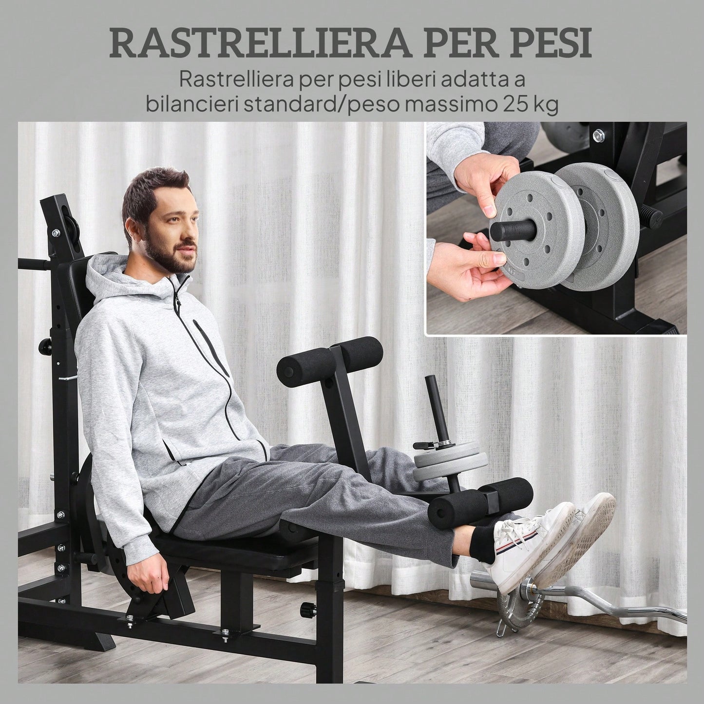 HOMCOM HOMCOM Panca da Palestra con Supporto per Bilanciere Regolabile in 6 Posizioni e Schienale Regolabile in 5 Posizioni, Panca Pesi in Acciaio e PU per Palestra