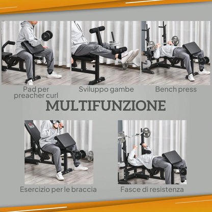 HOMCOM HOMCOM Panca da Palestra con Supporto per Bilanciere Regolabile in 6 Posizioni e Schienale Regolabile in 5 Posizioni, Panca Pesi in Acciaio e PU per Palestra
