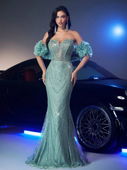 Glamrae Elegante e lussuoso abito da sera lungo con scollo a V, spalle scoperte, decorazioni floreali 3D in organza, arricciature, perline e paillettes, con strascico, adatto per matrimoni, feste, balli