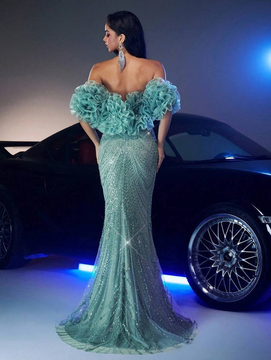 Glamrae Elegante e lussuoso abito da sera lungo con scollo a V, spalle scoperte, decorazioni floreali 3D in organza, arricciature, perline e paillettes, con strascico, adatto per matrimoni, feste, balli