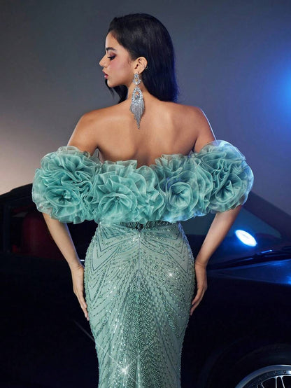 Glamrae Elegante e lussuoso abito da sera lungo con scollo a V, spalle scoperte, decorazioni floreali 3D in organza, arricciature, perline e paillettes, con strascico, adatto per matrimoni, feste, balli