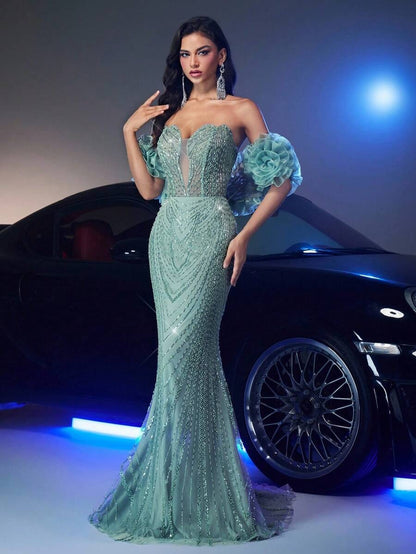 Glamrae Elegante e lussuoso abito da sera lungo con scollo a V, spalle scoperte, decorazioni floreali 3D in organza, arricciature, perline e paillettes, con strascico, adatto per matrimoni, feste, balli