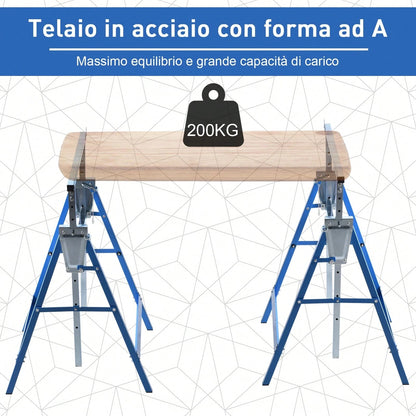 HOMCOM Set 2 Cavalletti da Lavoro Pieghevoli Telescopici Altezza Regolabile in Tubi d'Acciaio Nero