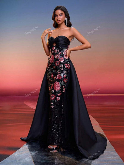 Vestito da sera elegante lungo con fiori ricamati e nodo sulla parte anteriore