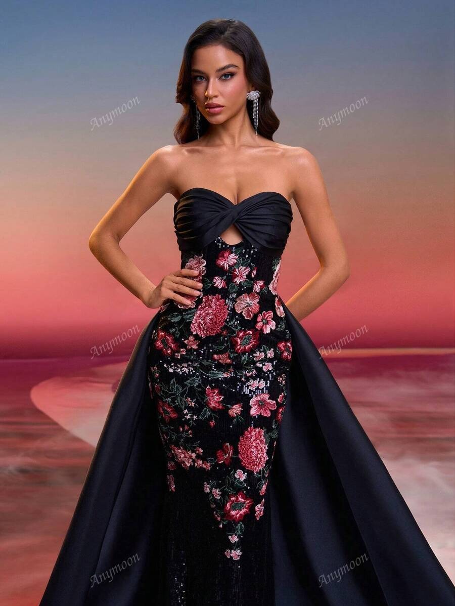 Vestito da sera elegante lungo con fiori ricamati e nodo sulla parte anteriore