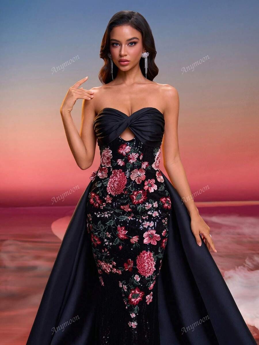 Vestito da sera elegante lungo con fiori ricamati e nodo sulla parte anteriore