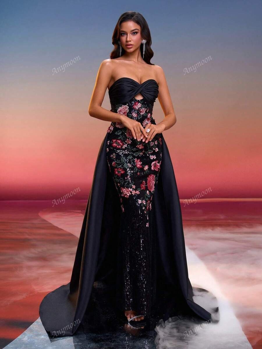 Vestito da sera elegante lungo con fiori ricamati e nodo sulla parte anteriore