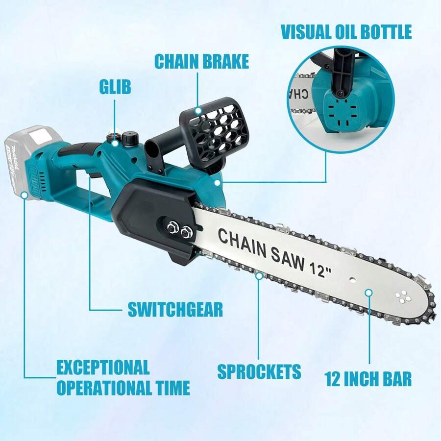 IKUNQUAN Motosega a batteria senza spazzole da 12 pollici, ricambio per batteria Makita da 18 V, motosega elettrica senza spazzole con 2 batterie da 5,0 Ah