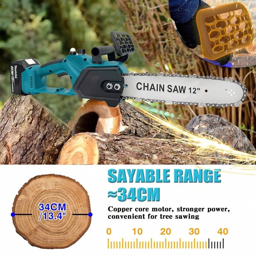 IKUNQUAN Motosega a batteria senza spazzole da 12 pollici, ricambio per batteria Makita da 18 V, motosega elettrica senza spazzole con 2 batterie da 5,0 Ah