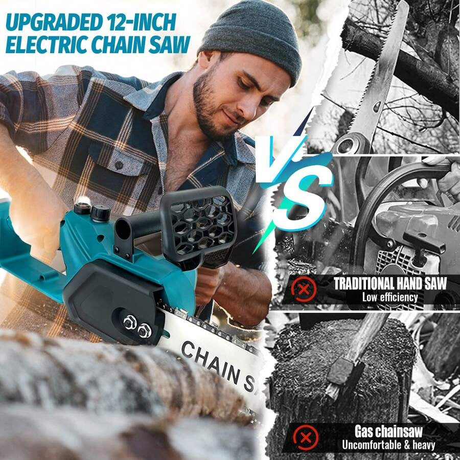 IKUNQUAN Motosega a batteria senza spazzole da 12 pollici, ricambio per batteria Makita da 18 V, motosega elettrica senza spazzole con 2 batterie da 5,0 Ah