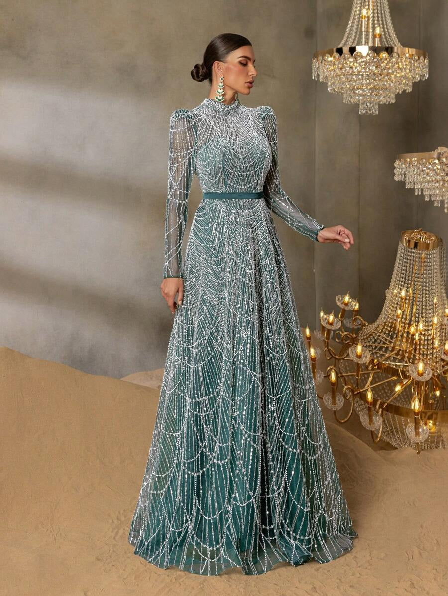Faeriesty Abito da sera elegante con collo alto, maniche lunghe e linea ad A, decorato con perline e paillettes, adatto per eventi formali, red carpet, matrimoni di lusso, banchetti di gala