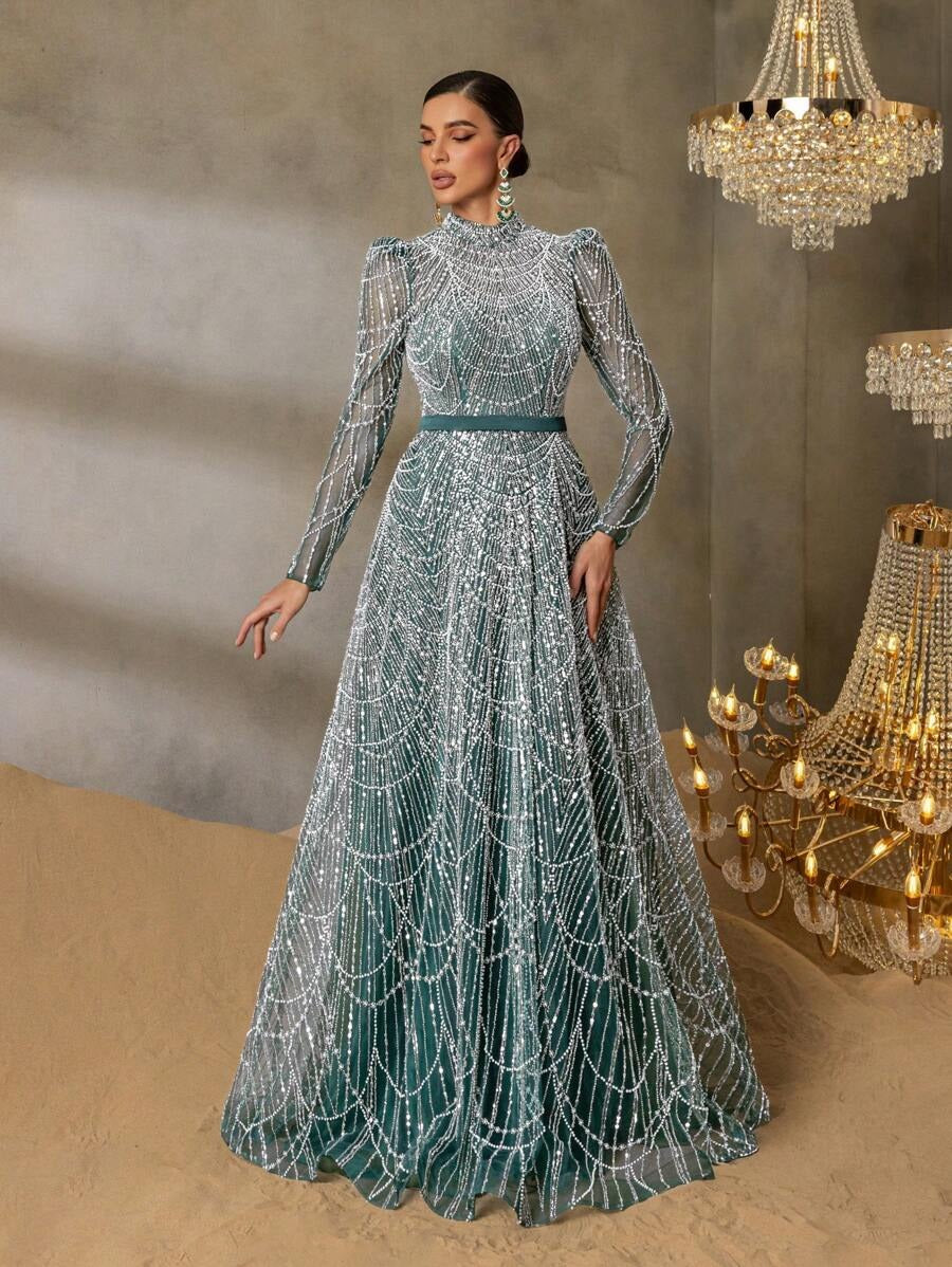 Faeriesty Abito da sera elegante con collo alto, maniche lunghe e linea ad A, decorato con perline e paillettes, adatto per eventi formali, red carpet, matrimoni di lusso, banchetti di gala