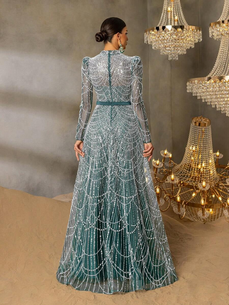 Faeriesty Abito da sera elegante con collo alto, maniche lunghe e linea ad A, decorato con perline e paillettes, adatto per eventi formali, red carpet, matrimoni di lusso, banchetti di gala