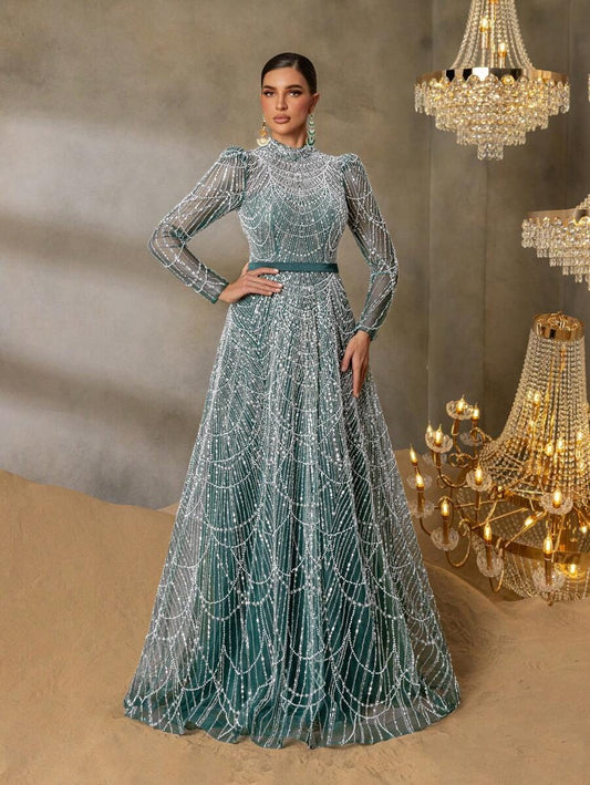 Faeriesty Abito da sera elegante con collo alto, maniche lunghe e linea ad A, decorato con perline e paillettes, adatto per eventi formali, red carpet, matrimoni di lusso, banchetti di gala