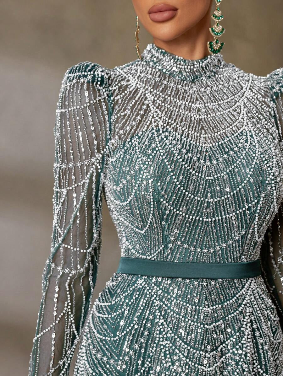 Faeriesty Abito da sera elegante con collo alto, maniche lunghe e linea ad A, decorato con perline e paillettes, adatto per eventi formali, red carpet, matrimoni di lusso, banchetti di gala