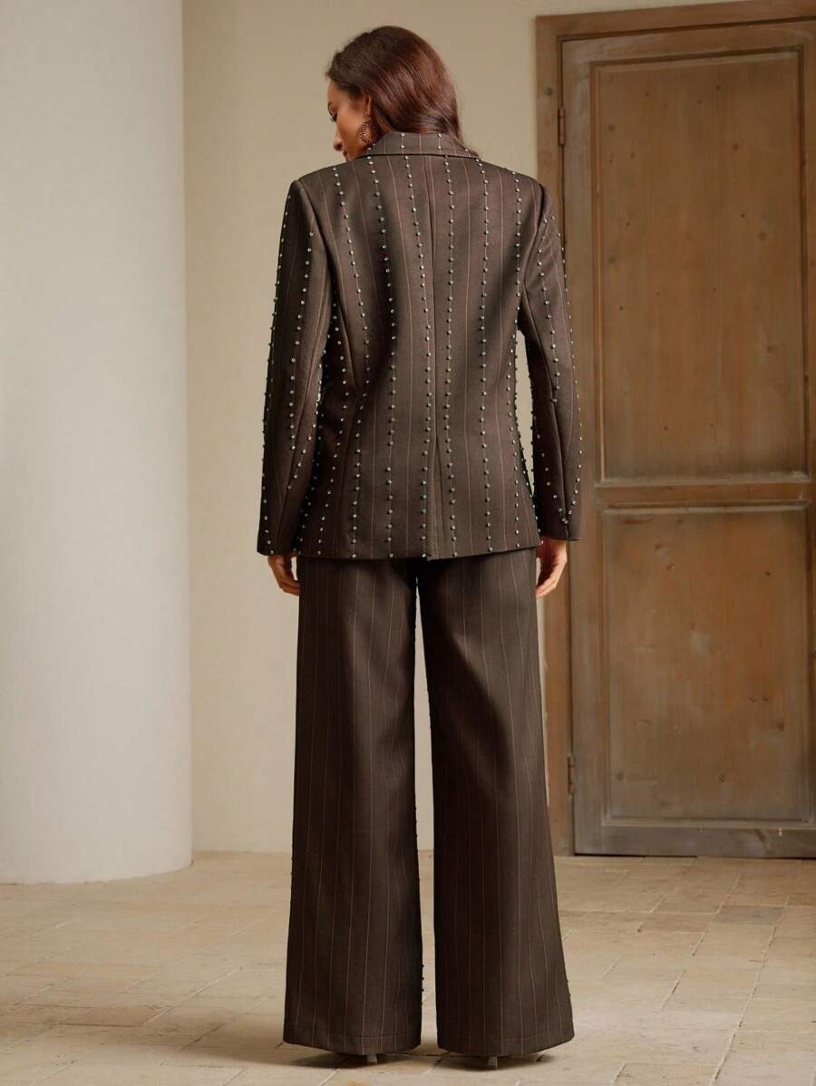 Anewsta Giacca e pantaloni eleganti da donna, monopetto, con decorazioni in cristallo, completo da ufficio