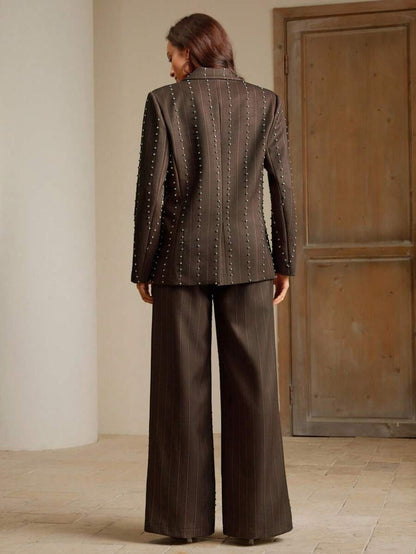 Anewsta Giacca e pantaloni eleganti da donna, monopetto, con decorazioni in cristallo, completo da ufficio