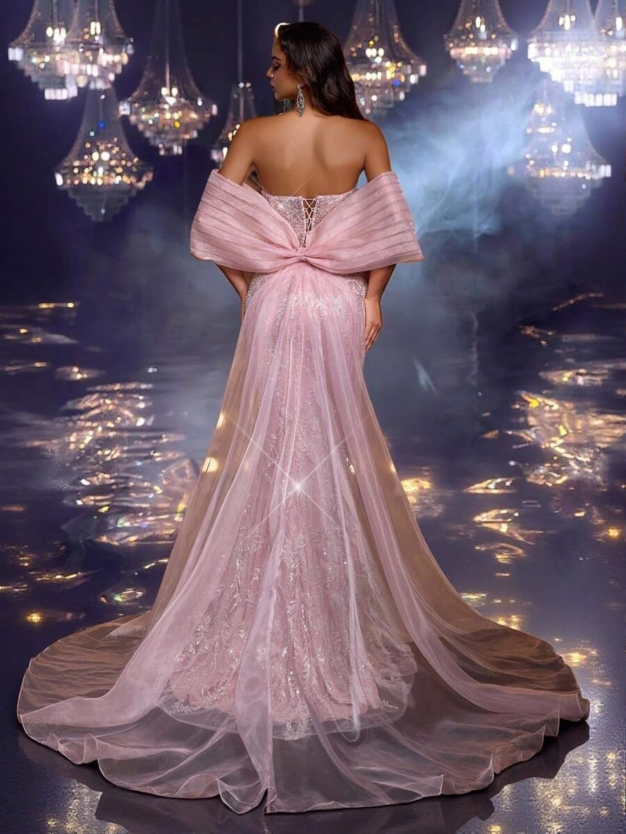 Glamrae Abito da sera elegante e di lusso con spalle scoperte, con applicazioni di paillettes e ricami floreali, in tessuto di raso, con fiocco oversize e volant, adatto per matrimonio