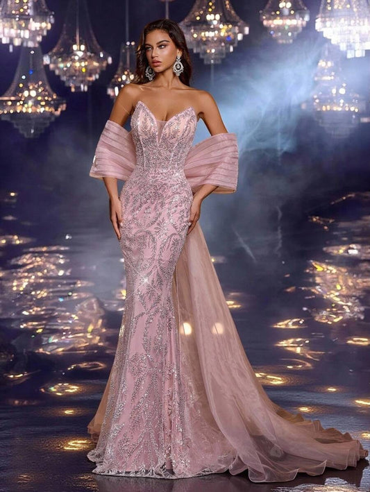 Glamrae Abito da sera elegante e di lusso con spalle scoperte, con applicazioni di paillettes e ricami floreali, in tessuto di raso, con fiocco oversize e volant, adatto per matrimonio