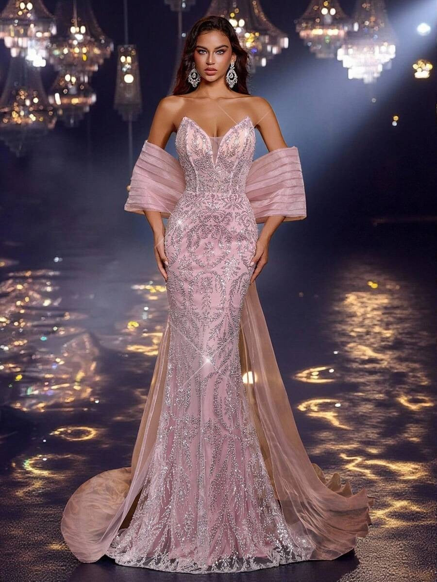 Glamrae Abito da sera elegante e di lusso con spalle scoperte, con applicazioni di paillettes e ricami floreali, in tessuto di raso, con fiocco oversize e volant, adatto per matrimonio
