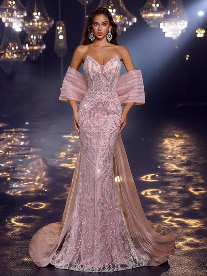Glamrae Abito da sera elegante e di lusso con spalle scoperte, con applicazioni di paillettes e ricami floreali, in tessuto di raso, con fiocco oversize e volant, adatto per matrimonio