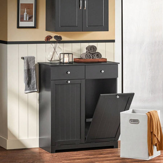 SoBuy Mobile da lavanderia con 2 cassetti e 2 ante, mobile contenitore da bagno con 2 cestini portabiancheria rimovibili, colore nero, articolo per la decorazione e l'organizzazione del bagno
