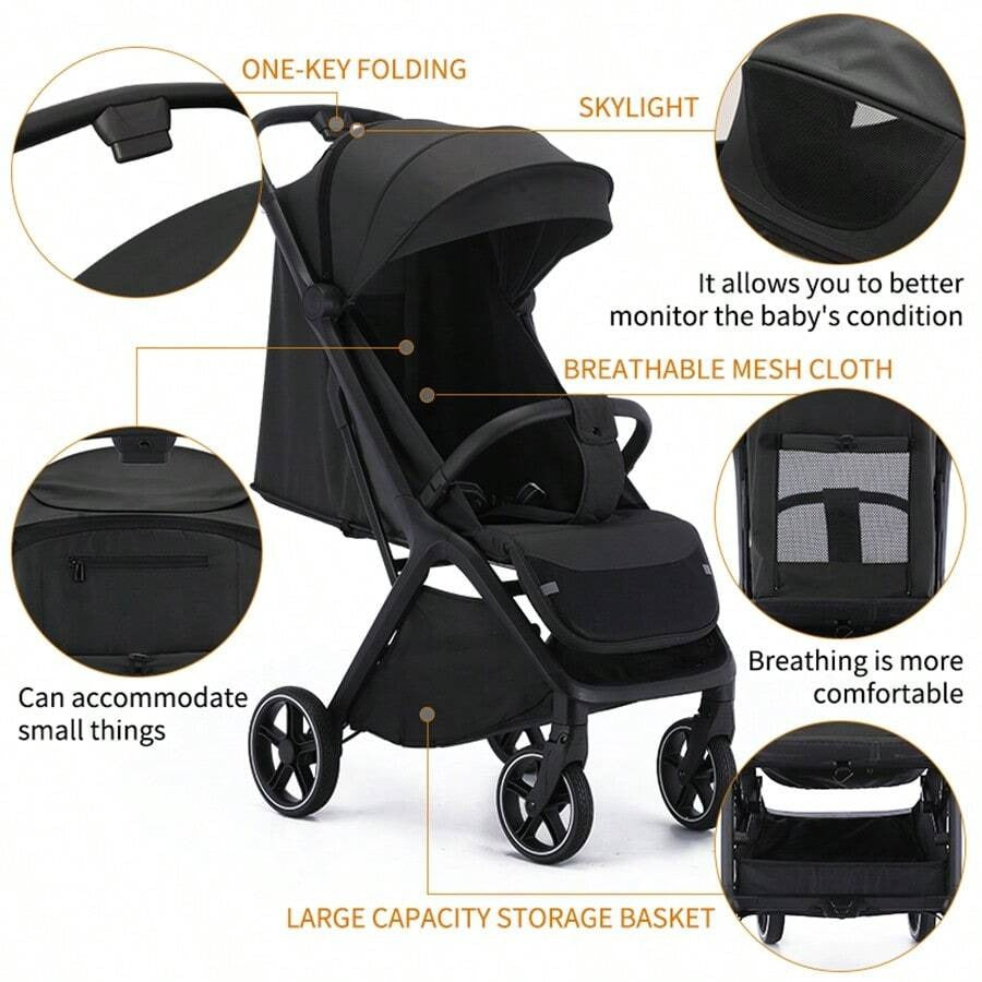 Passeggino leggero, passeggino pieghevole per bambini piccoli, parasole estensibile con cerniera, chiusura one-touch, schienale regolabile, tessuto a rete traspirante