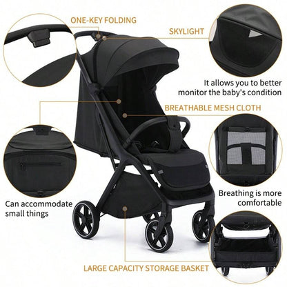 Passeggino leggero, passeggino pieghevole per bambini piccoli, parasole estensibile con cerniera, chiusura one-touch, schienale regolabile, tessuto a rete traspirante