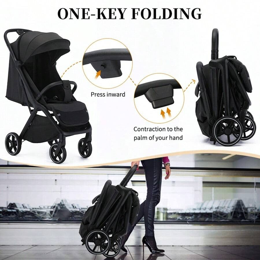 Passeggino leggero, passeggino pieghevole per bambini piccoli, parasole estensibile con cerniera, chiusura one-touch, schienale regolabile, tessuto a rete traspirante
