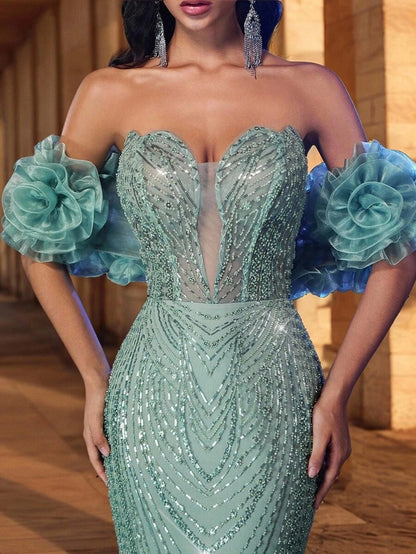 Glamrae Elegante e lussuoso abito da sera lungo con scollo a V, spalle scoperte, decorazioni floreali 3D in organza, arricciature, perline e paillettes, con strascico, adatto per matrimoni, feste, balli