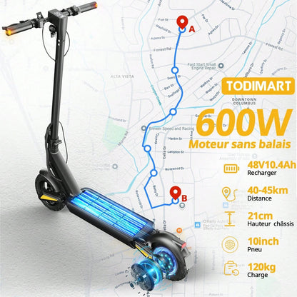 Todimart Monopattino elettrico TODIMART X1 per adulti, motore brushless da 600 W, batteria da 48 V 10,4 Ah, autonomia massima 40-50 km, pneumatici fuoristrada da 10 pollici in grado di superare pendenze di 25°