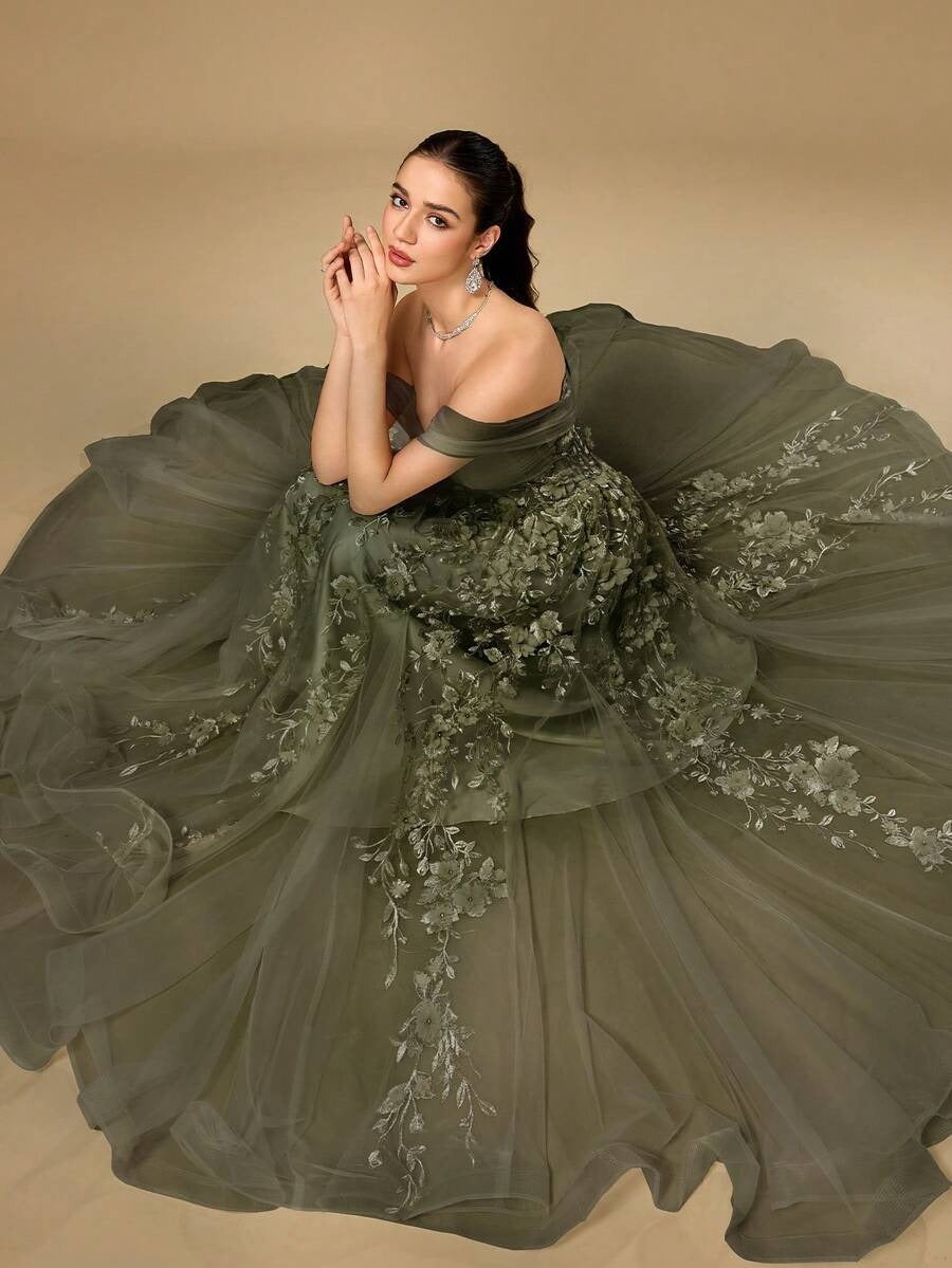 Elegante abito da sera lungo in tulle verde scuro a spalle scoperte con applicazioni floreali 3D, abito da sera formale da donna, abito da ballo per donne