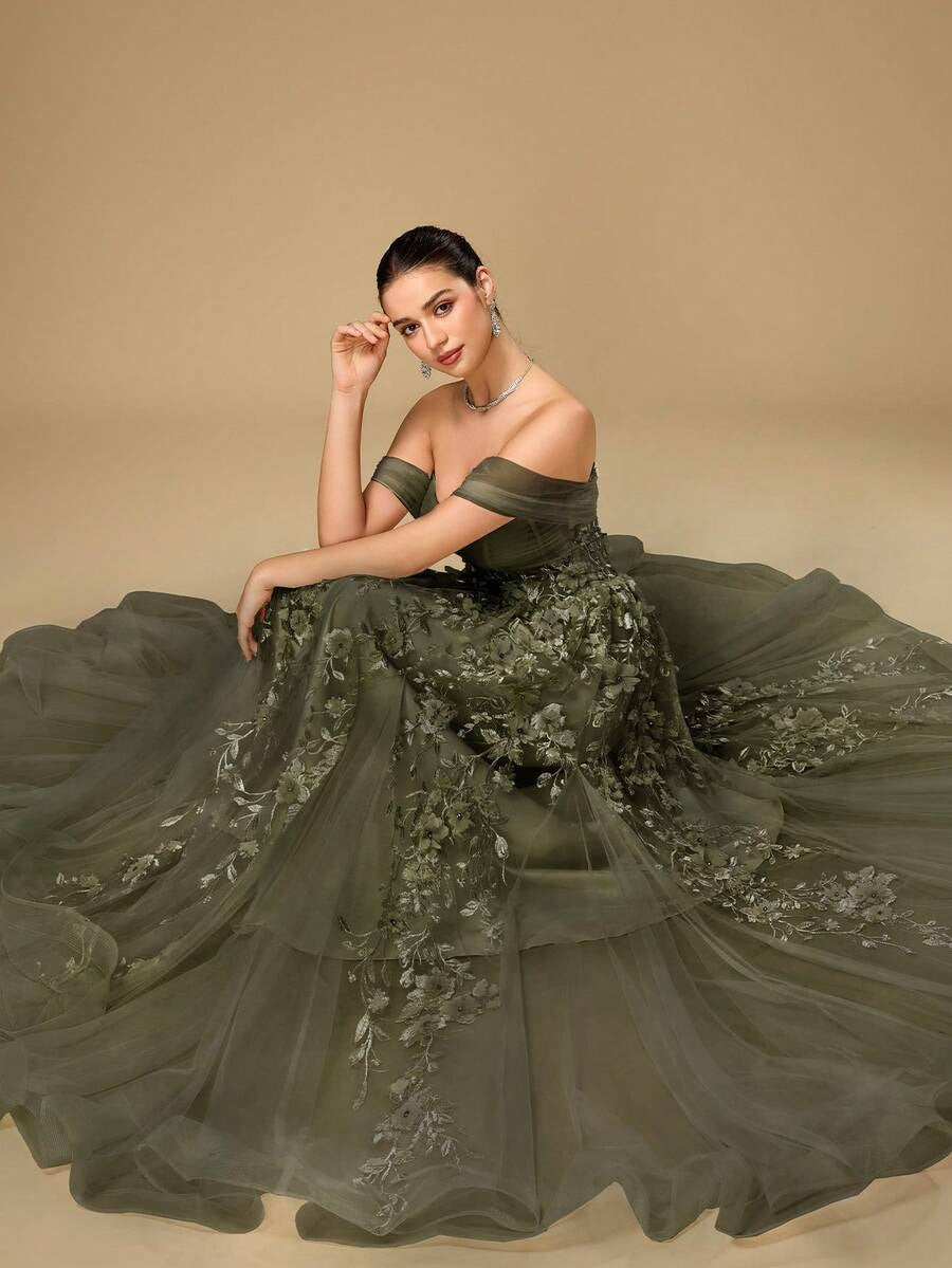 Elegante abito da sera lungo in tulle verde scuro a spalle scoperte con applicazioni floreali 3D, abito da sera formale da donna, abito da ballo per donne