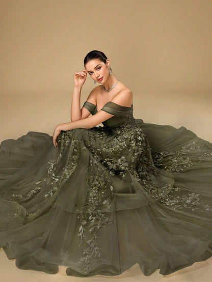 Elegante abito da sera lungo in tulle verde scuro a spalle scoperte con applicazioni floreali 3D, abito da sera formale da donna, abito da ballo per donne